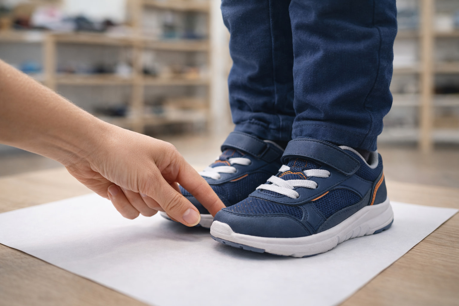 Pediatric foot health Edmonton proper shoe fitting with thumb-width toe space check