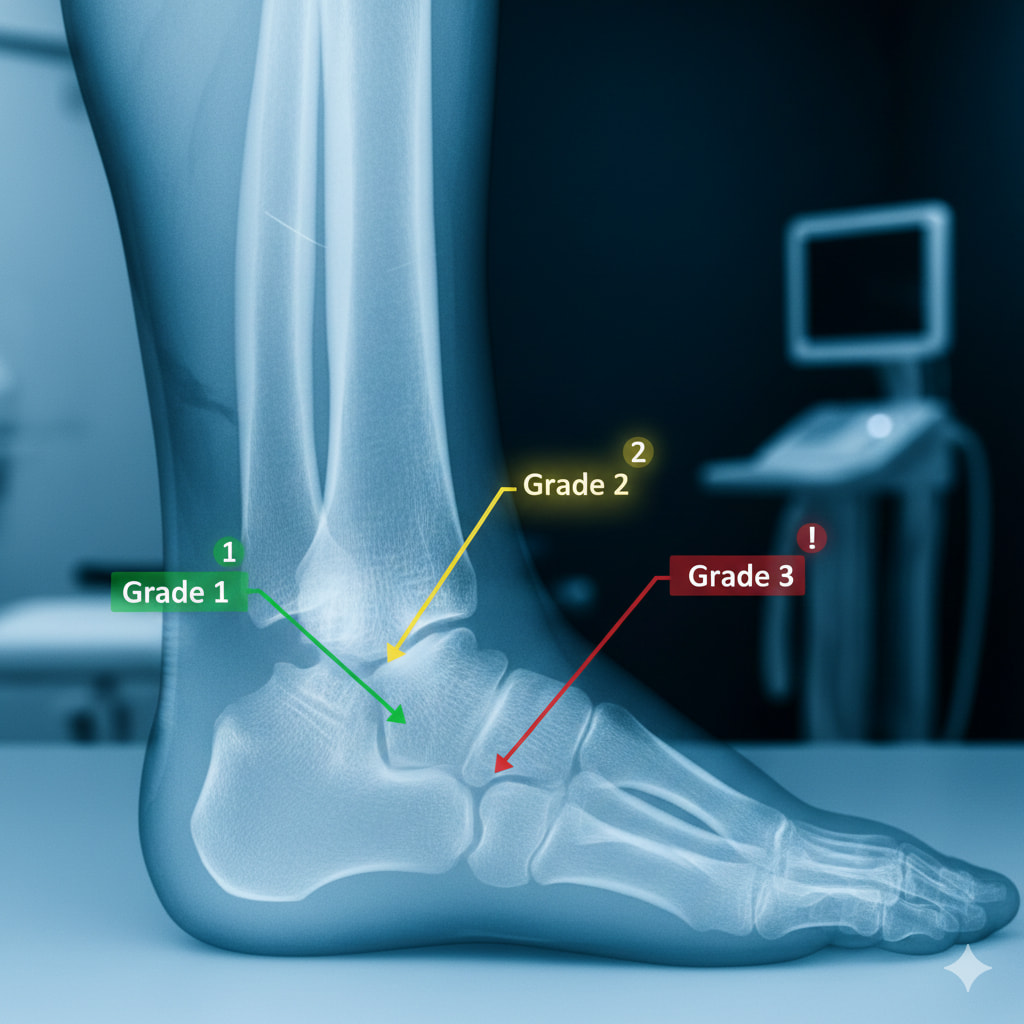 An X-ray image illustrating different ankle sprain grades and severity.