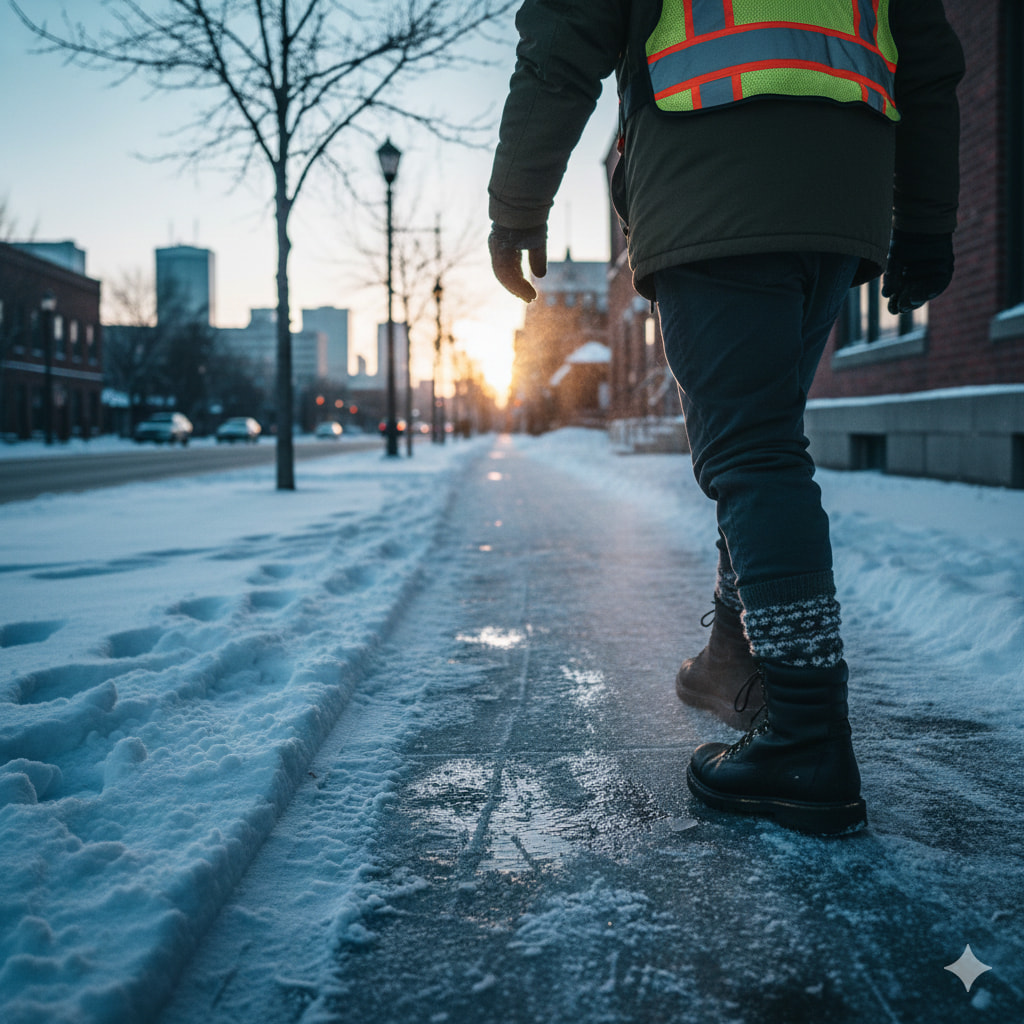 Edmonton workers’ feet affected by cold winter weather while standing on icy sidewalks