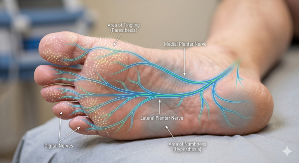 Foot Pain Warning Signs sensory changes such as tingling and numbness in toes and sole